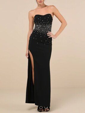 Lulus Opulent Muse Black Rhinestone Strapless Bustier Maxi Dress NWT